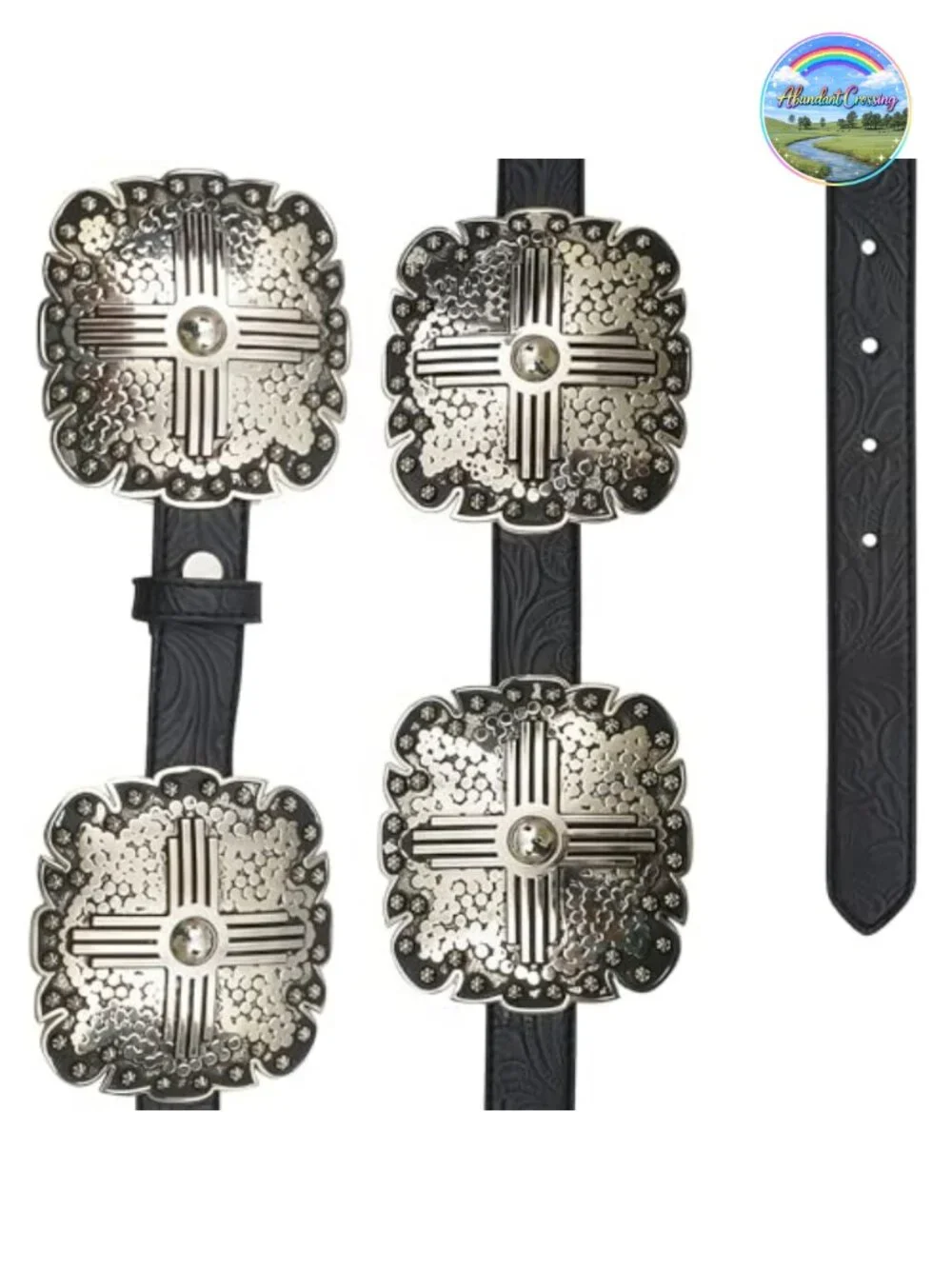 Genuine Leather Western Belt with Floral Embossed Pattern and Square Conchos